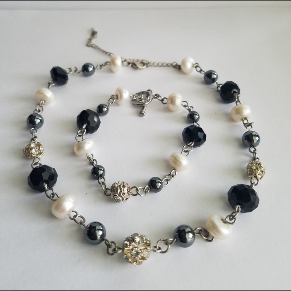 Black Swarovski Elements Genuine Pearl & Hematite Choker Necklace & Bracelet NEW